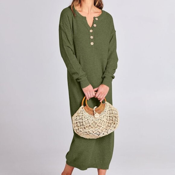 Women Long Sleeve Button V Neck Casual Loose Fit Waffle Knit Dress Green - Picture 6 of 8